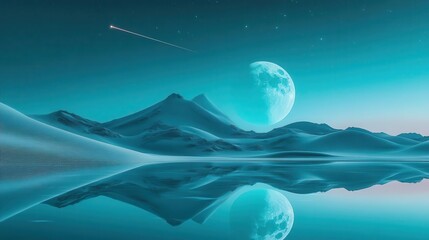 Surreal Night Landscape With Mountains Reflecting Moonlight Over Calm Water Body And Starry Sky