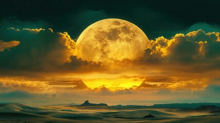 Stunning, Vibrant Full Moon Rising Behind Dramatic Clouds Over Exotic Landscape at Dusk