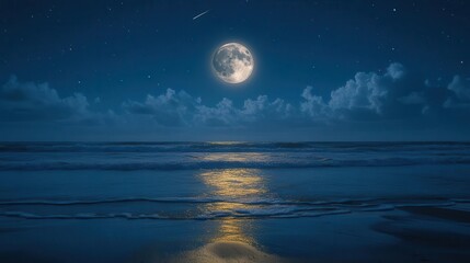 Stunning Moonlit Ocean Scene with Waves and Reflections under a Starry Night Sky