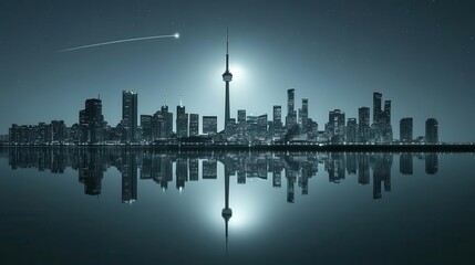 Toronto Skyline Reflected in Still Water Under Starry Night Sky with Glowing Lights