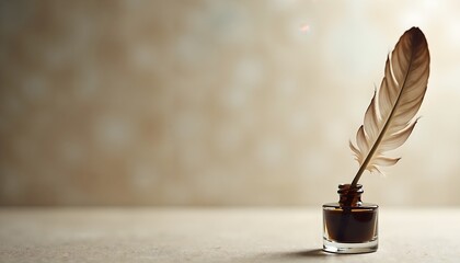 Quill Pen in Inkwell with Quiet Mood Representing Writing against Neutral Background