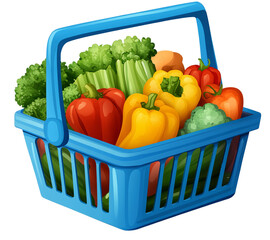 blue plastic shopping basket filled vegetables, in a cartoon style transparent background