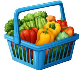 blue plastic shopping basket filled vegetables, in a cartoon style transparent background