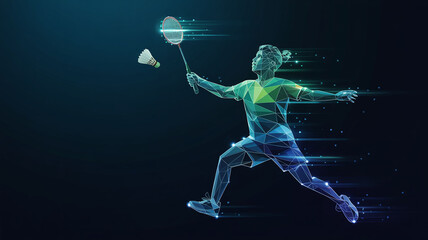 Abstract representation of a badminton player in action, visualized using a low polygon design with neon lights, symbolizing precision, agility, and digital dynamism in sports imagery