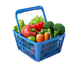 blue plastic shopping basket filled vegetables, in a cartoon style transparent background