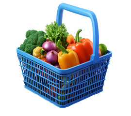 blue plastic shopping basket filled vegetables, in a cartoon style transparent background