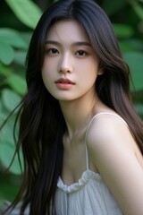 Naklejka premium arafed asian woman with long hair and white dress posing for a picture