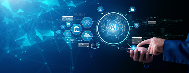 Chat with AI or Artificial Intelligence. Young businessman chatting with a smart AI or artificial...