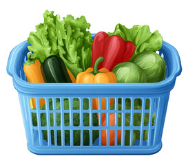 blue plastic shopping basket filled vegetables, in a cartoon style transparent background