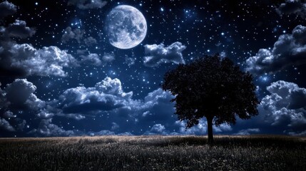 Lone Silhouette of a Tree Under a Bright Moon and Starry Sky in a Serene Night Landscape
