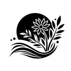 Elegant Monochrome Floral Design with Rising Sun Motif