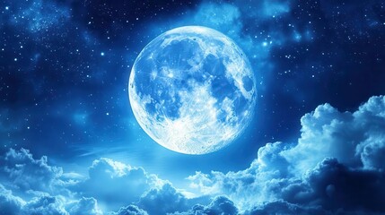 Fototapeta premium Majestic Full Moon Illuminating The Night Sky Filled With Stars And Soft Clouds