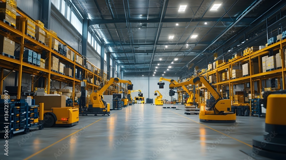 Poster futuristic smart warehouse with state of the art robotic arms efficiently organizing and processing 