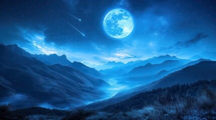 Stunning Night Landscape with Full Moon Illuminating the Blue Mountains and Starry Sky