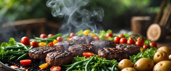 Grilled meats on a hot platter with steaming aroma surrounded by fresh vegetables and potatoes at a rustic outdoor feast