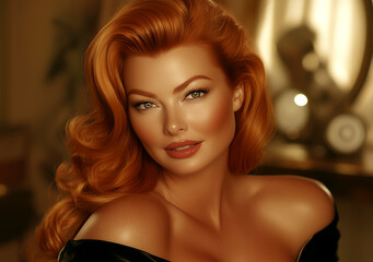 Fototapeta premium Woman with red hair and a tan complexion is smiling and looking at the camera. She is wearing a black dress and has her hair styled in a wavy, elegant manner. Concept of confidence and beauty