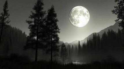 Fototapeta premium Moonlit Forest Landscape with Tall Trees and Reflections on a Calm Water Body at Night