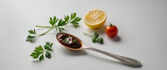 Spoon of flavorful sauce surrounded by fresh ingredients