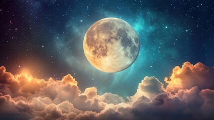 Vibrant Night Sky With A Full Moon Illuminating The Clouds And Sparkling Stars Above