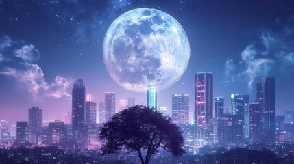 Vibrant Nightscape Featuring A Silhouetted Tree Against A Glowing Moon Over A Modern City