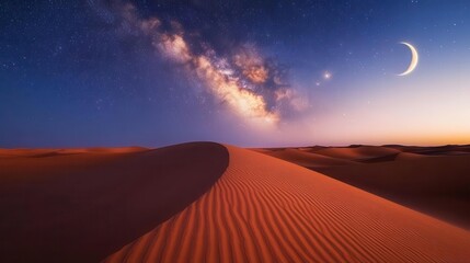 Stunning Night Sky Over Serene Desert Dunes with a Beautiful Milky Way and Crescent Moon