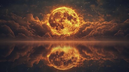Stunning Golden Moon Rising Above Reflective Water Under Starry Sky in Peaceful Night Landscape