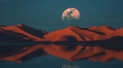 Stunning Reflection of a Full Moon Over Serene Desert Dunes at Night
