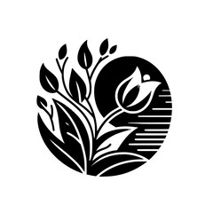 Monochrome Floral Emblem: Elegant Bloom and Foliage Design