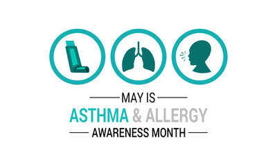 Vector graphic of the theme of asthma and allergy awareness month background design template. Wheezing, coughing, allergic reactions. Realistic ribbon, Stethoscope with Inhalers. Web Banner.