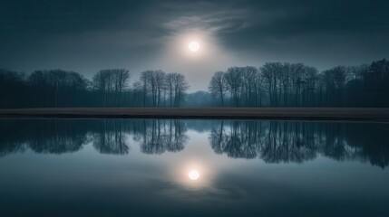 Fototapeta premium Moonlit Night Over a Calm Water Body Reflecting Trees and Clouds in a Serene Landscape