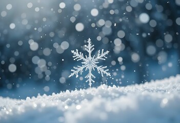 single intricate snowflake on a snowy surface with bokeh