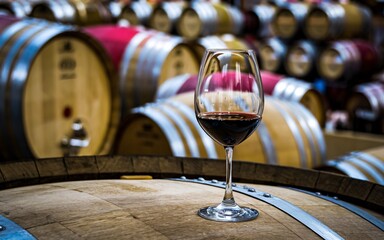 Wine glass on oak barrel amidst wine barrels Wine Bordeaux Wine, France,