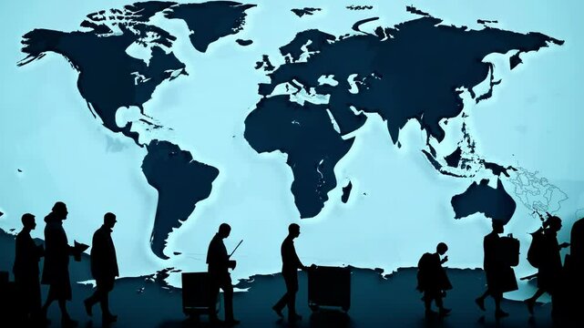 Silhouettes of people carrying belongings on the background of the blue world map