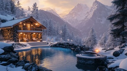 Winter wonderland: Luxurious mountain lodge with serene hot spring pool scenery