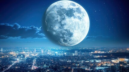 Stunning View of a Large Moon Over a Vibrant City Nightscape with Stars and Clouds