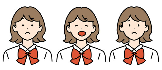 茶髪ショートの女子高生 表情3セット ワイシャツ リボン