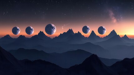 Surreal Cosmic Landscape Featuring Multiple Planets Above Majestic Mountain Peaks at Sunset
