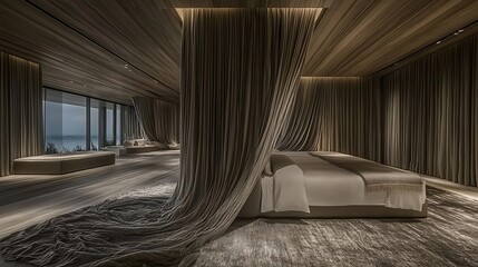 A luxurious bedroom design featuring flowing curtains and natural light