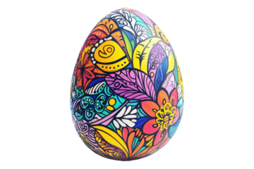 Decorative Easter egg with intricate floral patterns in vibrant colors isolated on white transparent background. Concept of festive celebration, art, and tradition