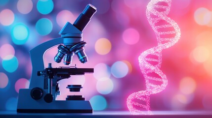 Modern Microscope Captured Against Abstract Background with DNA Helix Displaying Science and Research Concepts