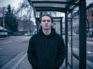 Obraz premium Young man standing confidently at a bus stop in an urban setting 
