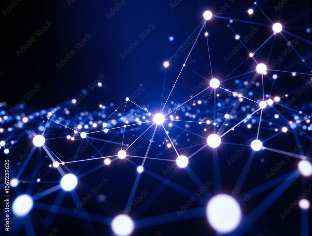 Poster bright glowing nodes connected by lines in a digital tech network style on a deep blue background, r