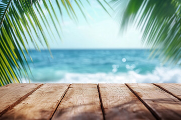 Rustic wooden table facing the ocean, framed by palm leaves and sea waves under a bright sky. Perfect for tropical product mockups and summer-themed branding