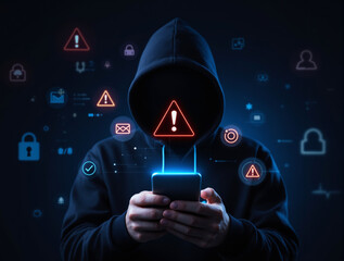 Hooded figure holding phone with warning signs and digital threat icons, glowing tech style on dark background, concept of cybersecurity and hacking. Ai generative