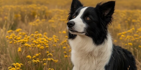 Border Collie in a yellow flower field.