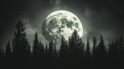 Fototapeta premium Majestic Full Moon Illuminating a Dark Forest Landscape Under a Starry Night Sky