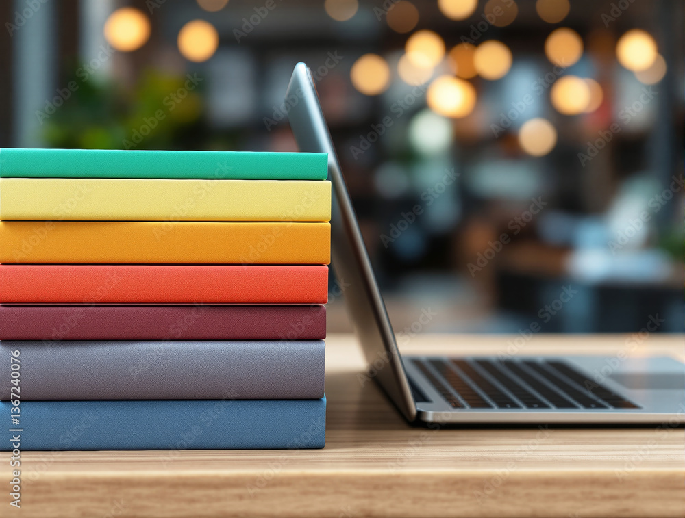 Poster stack of colorful books next to open laptop on desk, soft focus style, blurred tech background with 