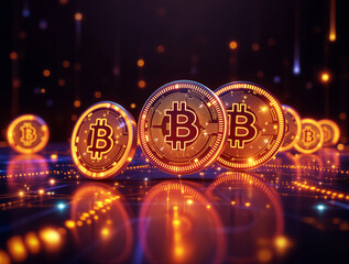 Glowing bitcoin coins floating on futuristic tech background with digital circuits and neon lights, symbolizing blockchain and crypto finance concept. Ai generative
