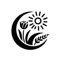 Botanical Emblem:  Moon, Sun, and Flora Harmony in Black & White
