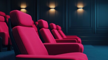 Fototapeta premium Modern Red Theater Chairs in a Cinematic Environment with Soft Lighting and Elegant Decor